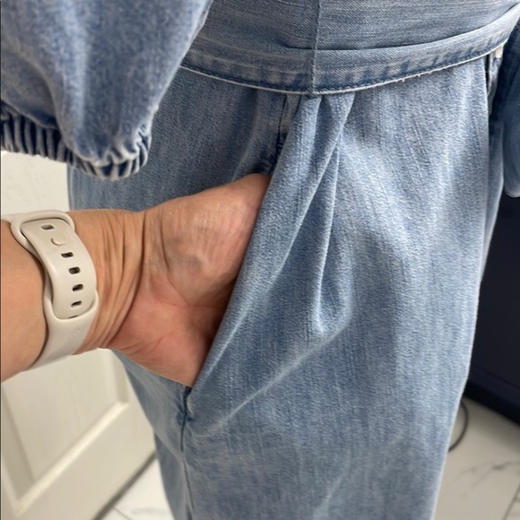 GAP Mini Dress Puff Sleeve Mock Neck Lt Wash Indigo Relaxed Fit Tie Belt Size S - Picture 5 of 13